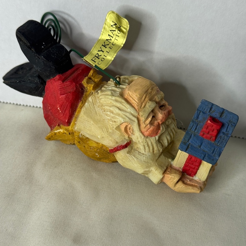 1995 David Frykman Santa Ornament Holding House Rustic‎ Wood Look Folk Art